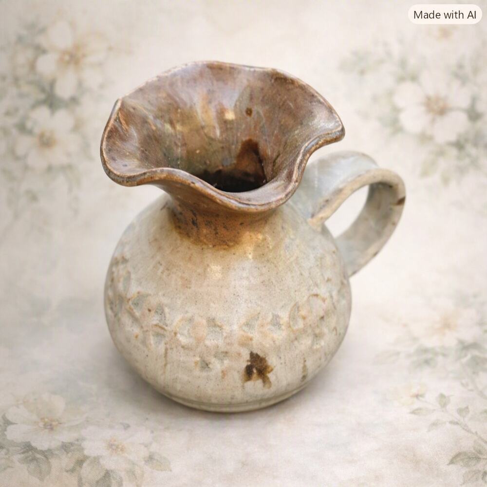 Vintage Japanese Pottery Pitcher Vase, Rustic Handmade Ceramic Brown Beige Glaze
